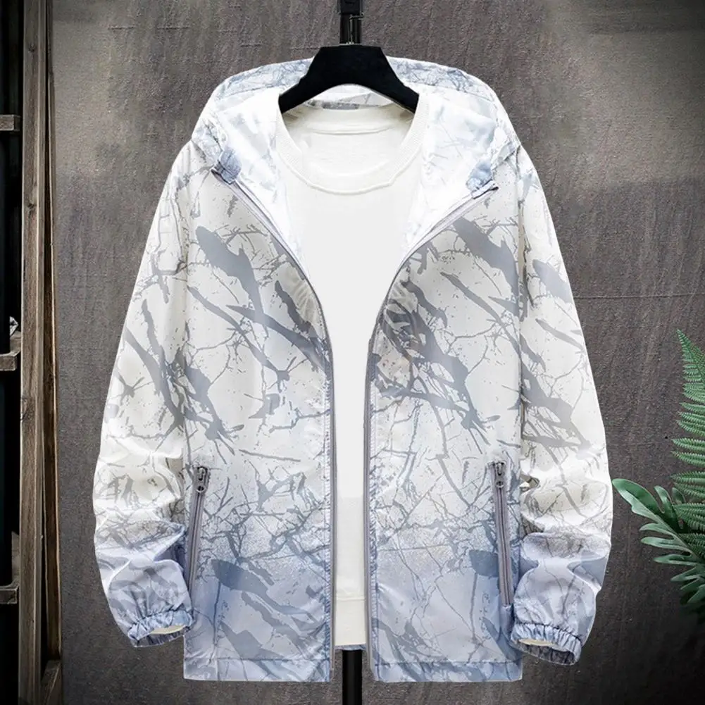 

Men Printed Long Sleeve Jacket Men's Gradient Color Hooded Coat with Zipper Pockets Elastic Cuff Breathable Soft for Fall