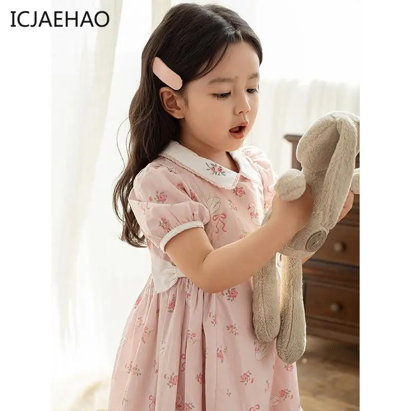 ICJAEHAO 2024 Baby Girls Dress Ruffled Pink Sweet Cute Flowers Animal Printing Holiday Newborn Kids Princess Bow Infant Clothing