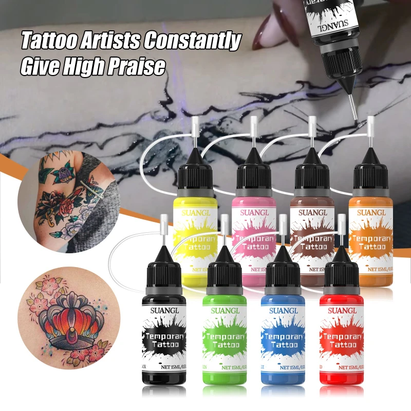 SUANGL Temporary Tattoo Ink 8Color15ml Professional Tattoo Pigment Body Art Tint Ink Tattoo Supplies Suitable for Various Styles