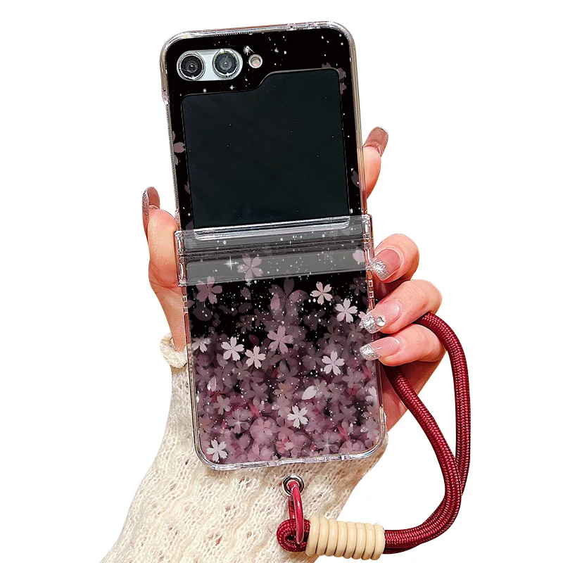 Cherry Blossom Lanyard Phone Case For Samsung Galaxy Z Flip 8 7 FE 6 5 4 3 5G Folding Hard Clear Cover For Samsung Z Flip7 Flip6