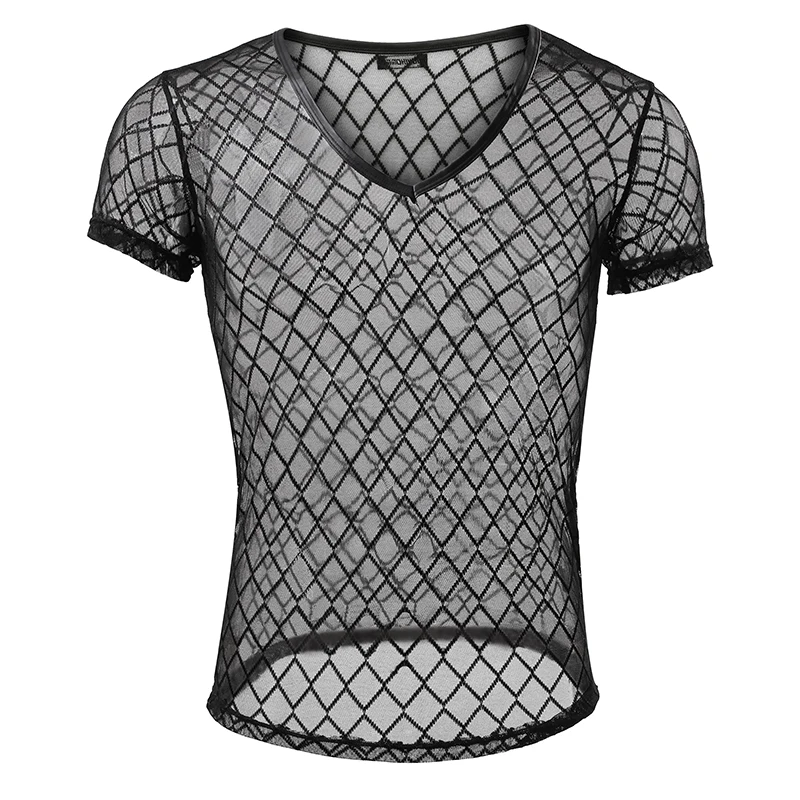

Men's Black Undershirts Breathable Mesh See Through V-neck Short Sleeve Shirts Transparent Fishnet Stage Performance