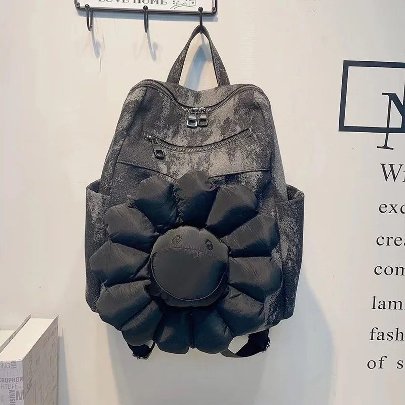 Damen Denim Rucksäcke große Kapazität lässig hochwertige Pendelt asche große Sonnenblume Anhänger neuer Rucksack für Damen Damen