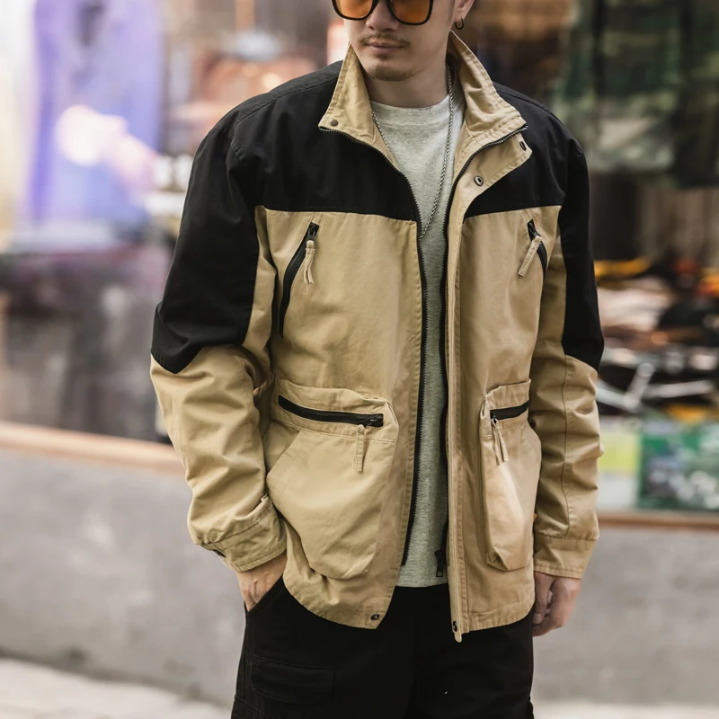 American Retro Workwear Denim Jacket Men's Loose Fit Casual Lapel Jacket Spring Autumn Trendy Brand Large Size Casual Patchwork