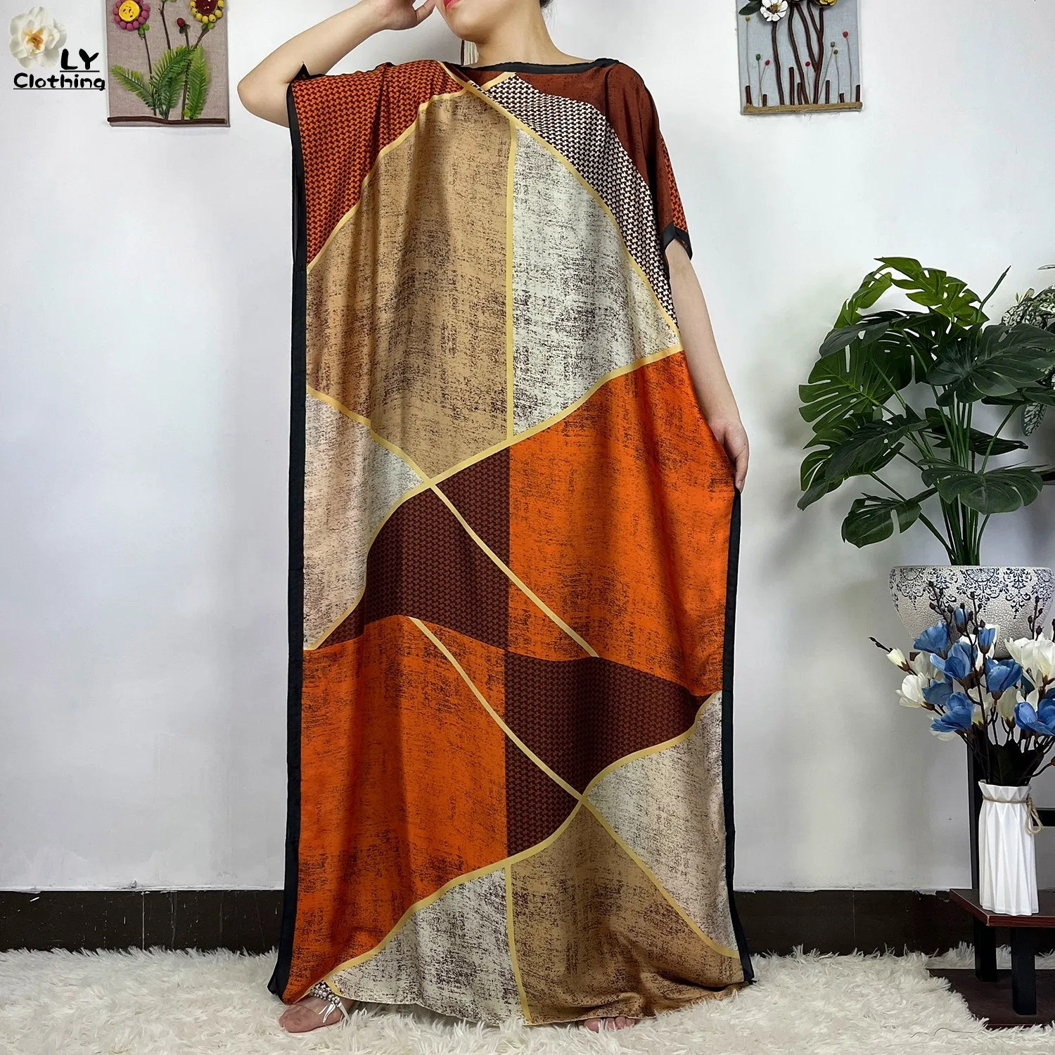 2023 New African Fashion Short Sleeve Colored Pattern Dubai Women Summer Real Silk Soft Printing Loose Tradition Muslim Dress