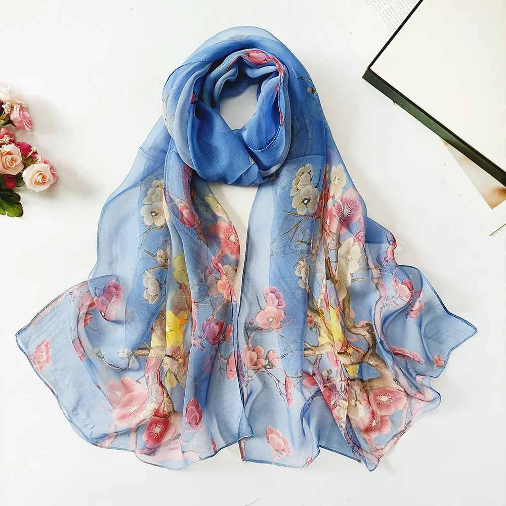 Women Silk Scarves Chiffon Wraps Shawls Thin Hijab Scarf Ladies Floral Print Bandana Head Scarfs Sunscreen Seaside Beach Turban