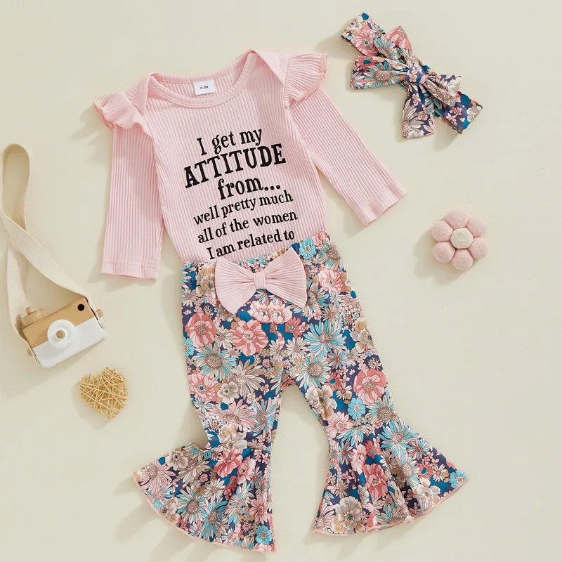 0 to 18 Months Baby Girl 3 Piece Pant Sets Letter Long Sleeve Ribbed Bodysuit Flower Flare Pants Tie Headband