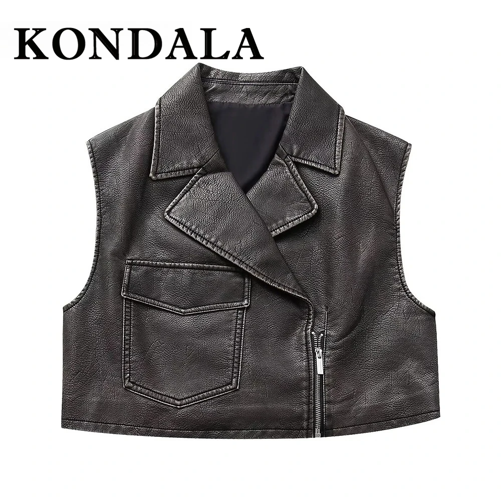 KONDALA خمر 2025 النساء الخريف الصدريات سترة جلدية أكمام سستة جيب جاكيتات الشارع الشهير الحديثة شيك فضفاض أبلى #2
