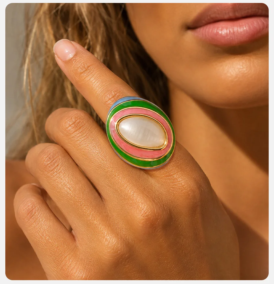Vnox Geometrischer Spiralring mit Buntem Glasur-Effekt und Naturstein für Damen, Vergoldeter Edelstahl, Mehrschichtiger Farbring – Detail 3