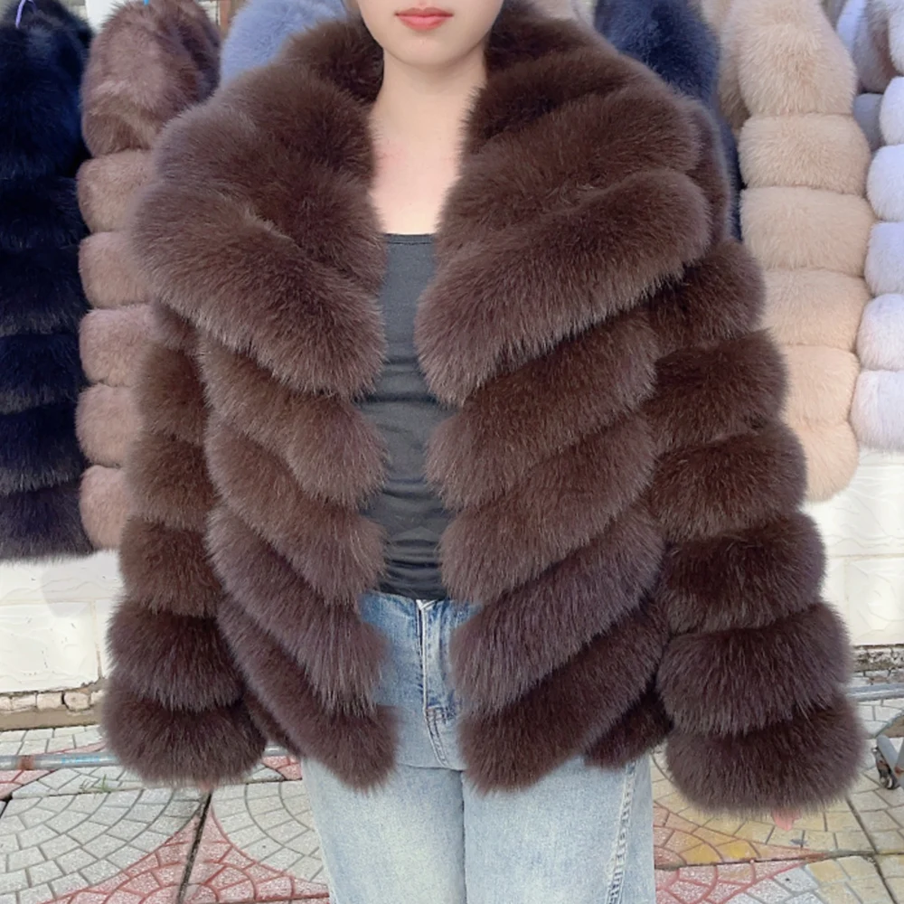 QUEENTINA Winter New Women's Real Fox Fur Coat With Collar Overcoat Leather Female Natural Plus Size