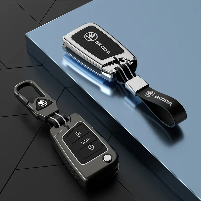 

For Skoda Car Flip Remote Key Case Cover Holder Shell for Skoda Octavia Kodiaq Karoq Zinc Alloy Leather Protector Keychain Acces