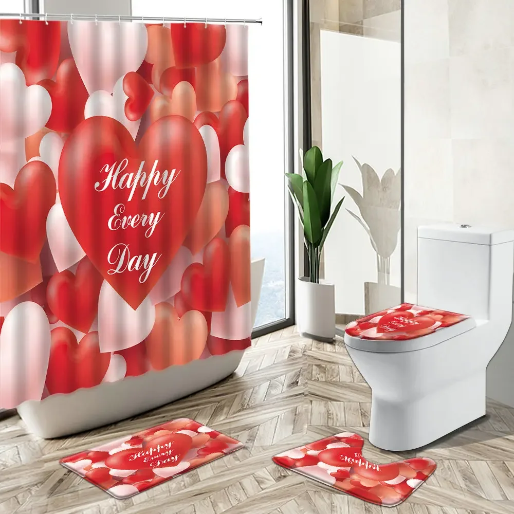 Love Couple Bathroom Shower Curtain Set Cupid Angel Kid Creative Art Non-Slip Rug Toilet Cover Bath Mat Home Decor Holiday Gift