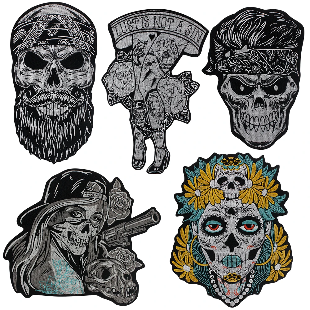 Punk Skull Embroidery Patches Sun Flower Rose Skeleton Iron on Biker Girl Gun Badge Man Woman Clothes Stickers Applique