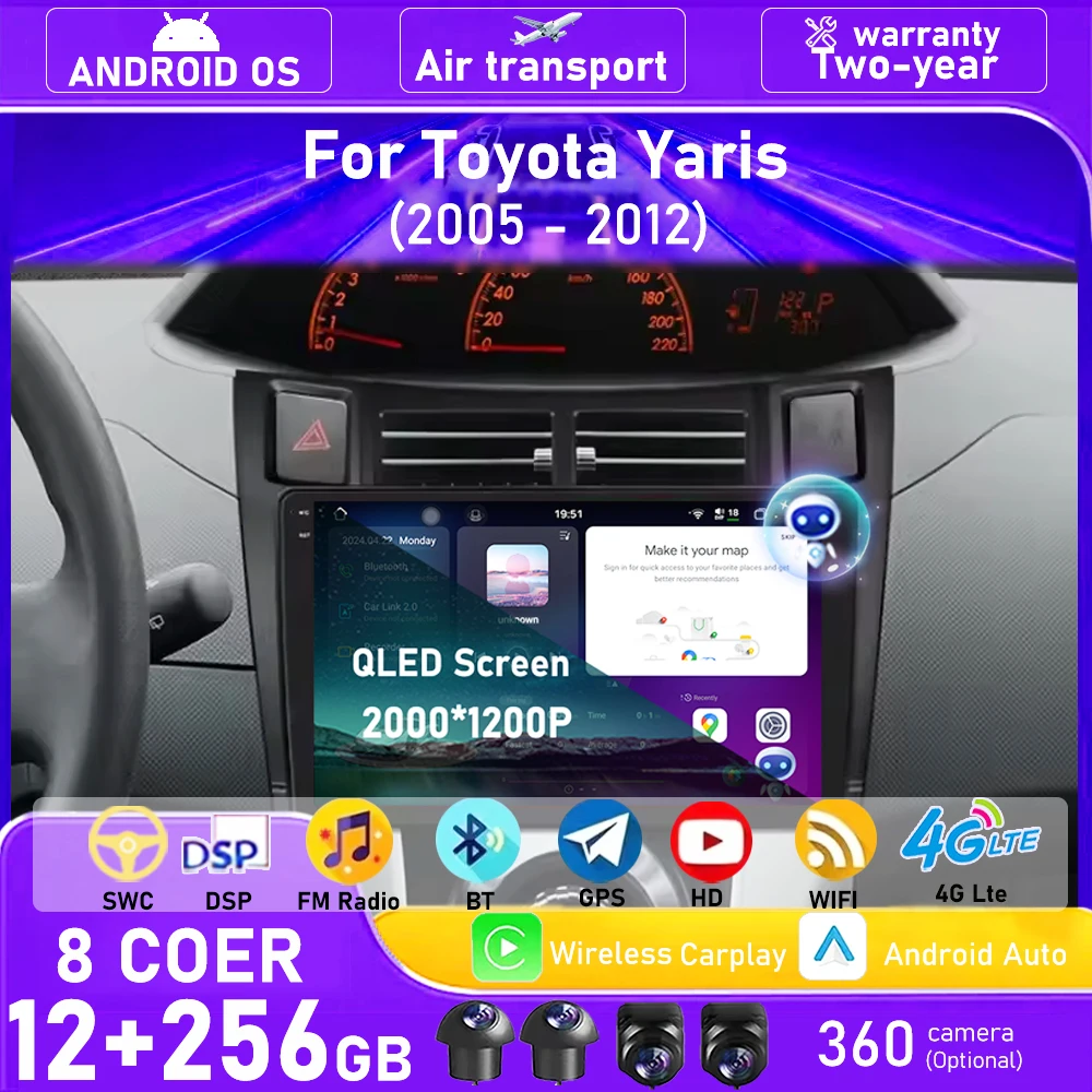 Wireless Carplay For Toyota Yaris 2005-2012 Android 16 Auto Car Radio Multimedia Video Player GPS Navigation Stereo 360 Camera
