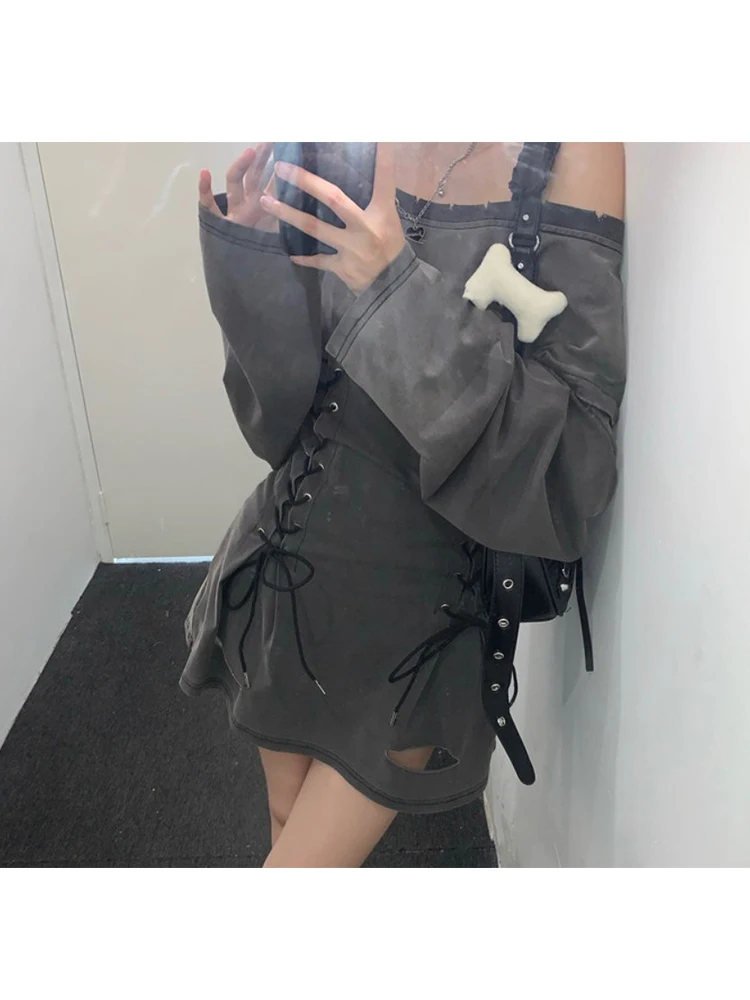 여성 고딕 Baddie 스타일 긴 소매 슬래시 넥 드레스 하라주쿠 패션 특대 Y2k streetwear Gyaru 핫 오프 숄더 원피스