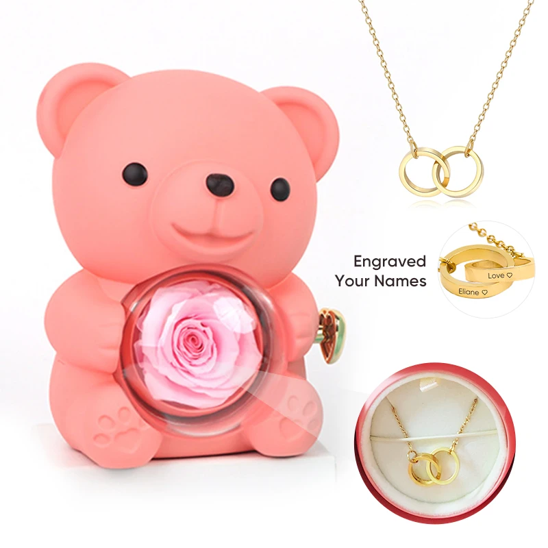 

2024 Hot Pink Real Rose Bear with 2 Round Engraved Name Necklace Jewelry Gift Box for Mom Wife Girlfriend Grandma on Mothers Day