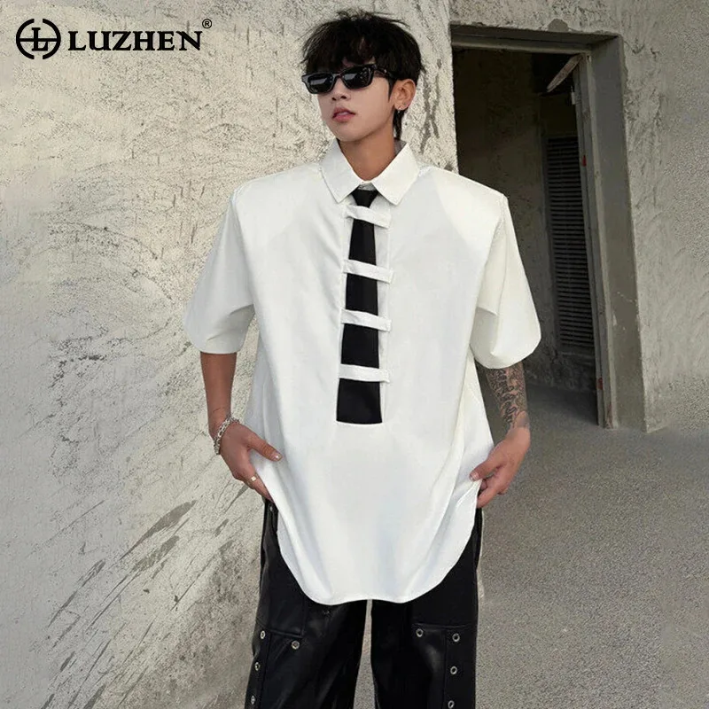 

LUZHEN 2025 Summer Fashion Elegant Necktie Decorate Short Sleeve Shirts Men's Original Shoulder Pad Solid Color Male Tops JY1891
