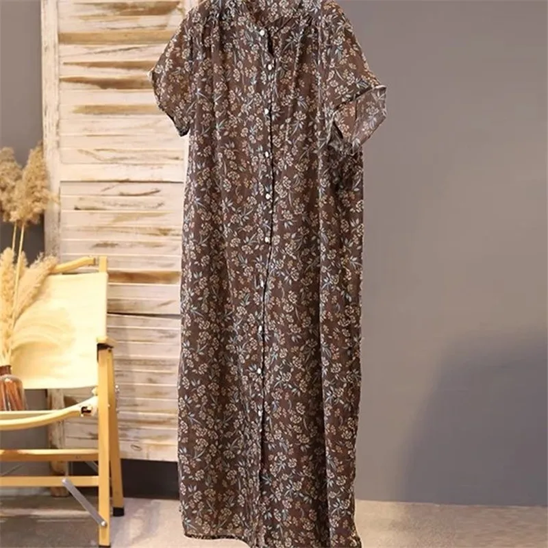 Abito camicia estiva da donna a maniche corte con stampa floreale Abiti monopetto larghi in ramia Abiti dritti casual