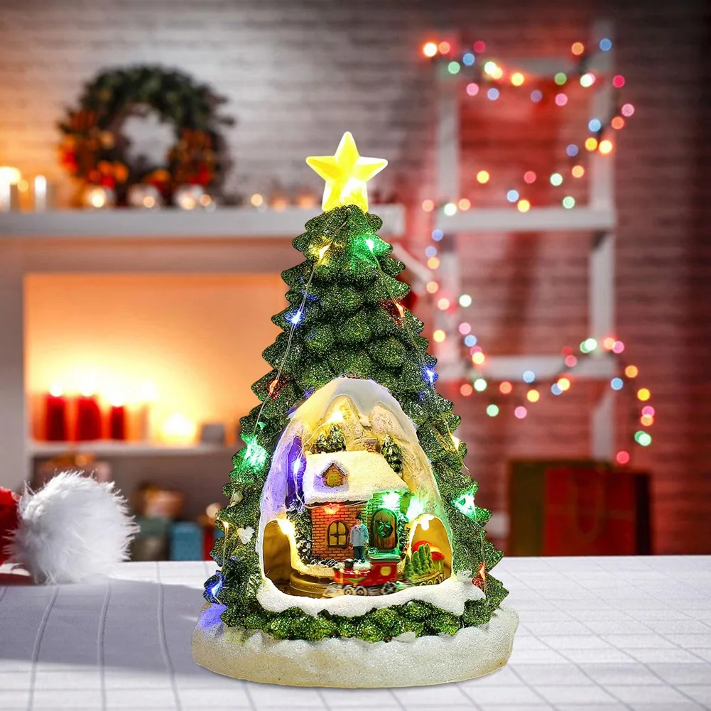 Maison lumineuse d'arbre de noël, décoration musicale pour adultes et enfants, Train rotatif, scène d'hiver, maison de bureau, décor de vacances, AB15-Christmas