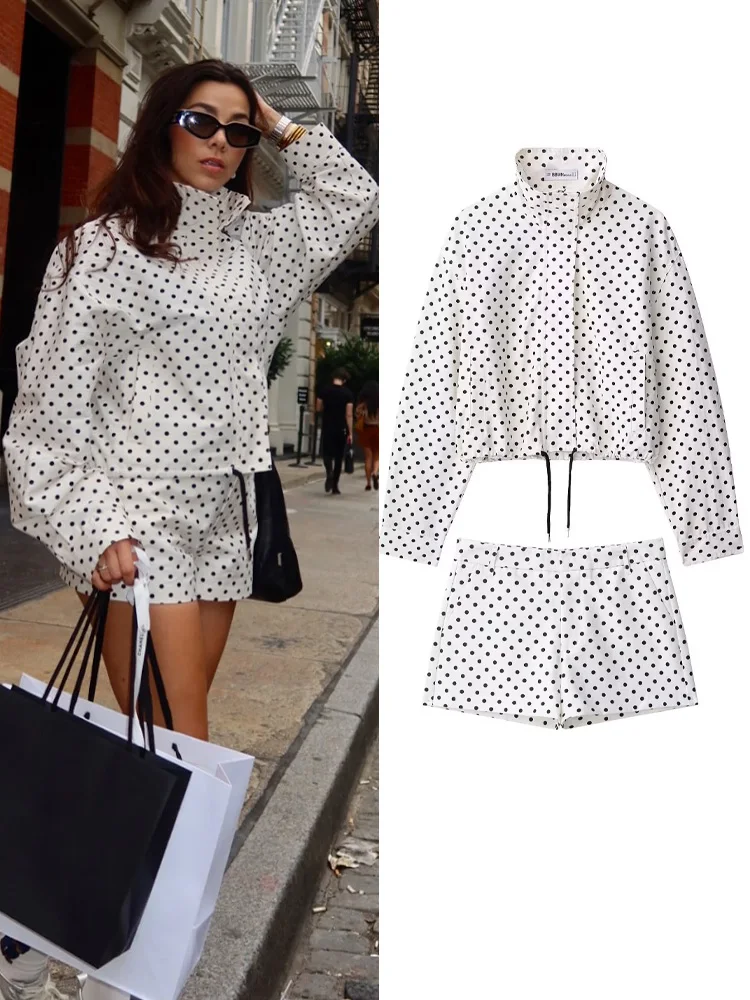 

HH Осенний женский костюм в горошек на молнии с веревкой, свободная куртка + шорты со средней талией и боковым карманом + уличный стиль, повседневные длинные брюки