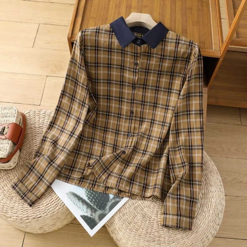

Retro Plaid Cotton Linen Shirt with Contrasting Color Lapel Casual Single-breasted Long-sleeved Top