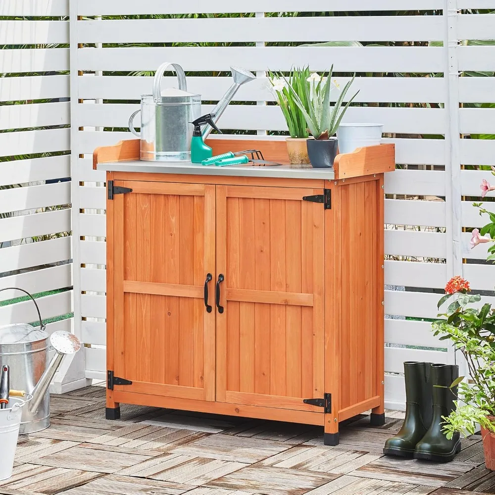 Potting Bench Table - Wooden Storage Cabinet with Removable Shelf & Flexible Space & Metal-Plated Tabletop