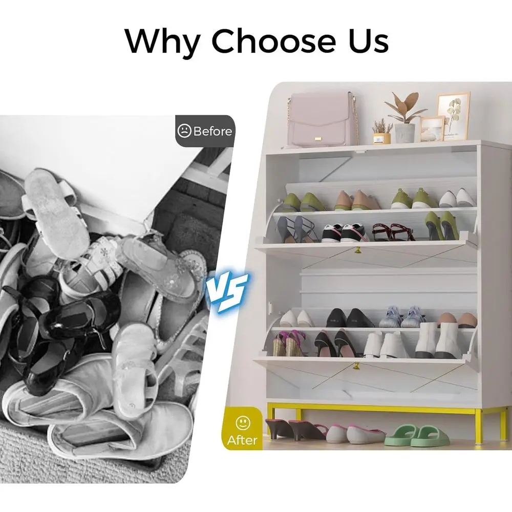 خزانة أحذية بيضاء قائمة بذاتها مكونة من 4 طبقات مع درجين، ودعم ساق معدنية لتخزين البهو والممر