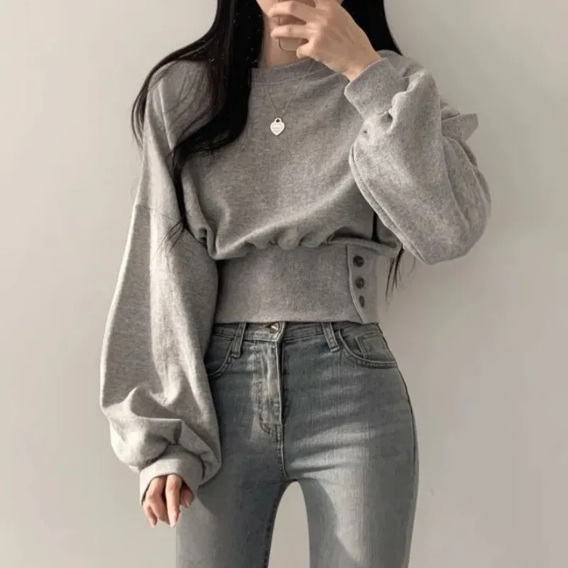 Women\'s 2023 Spring and Autumn New Korean Casual Solid Color Long Sleeved Button Loose Round Neck Belted Pullover Short Hoodies