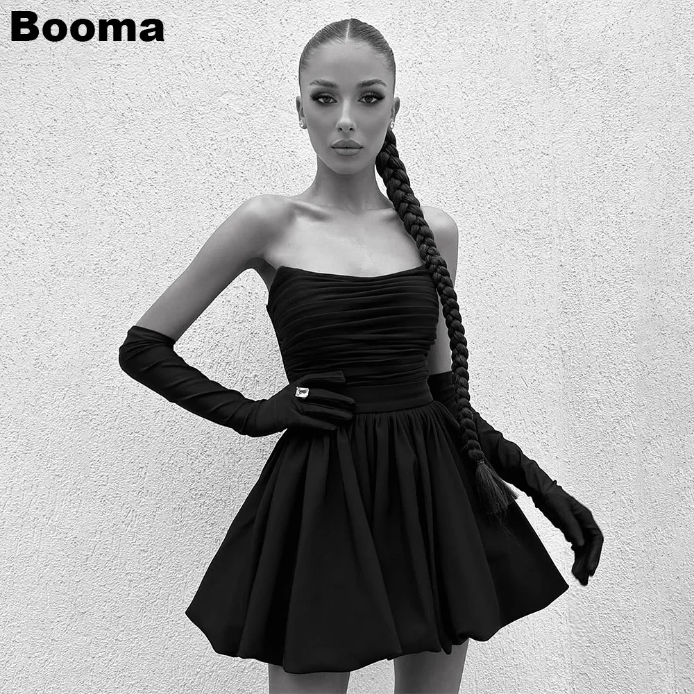 

Booma Sexy Strapless Black Short Party Dresses Pleats Matte Satin Mini Prom Gowns Cocktail Formal Event Dresses Club Night Wear