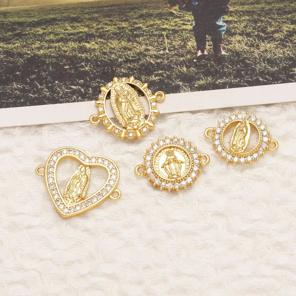 OCESRIO Trendy White Crystal Virgin Mary Round Charms for Bracelet Copper Gold Plated Heart Oval Keychain Purse Charm chma461