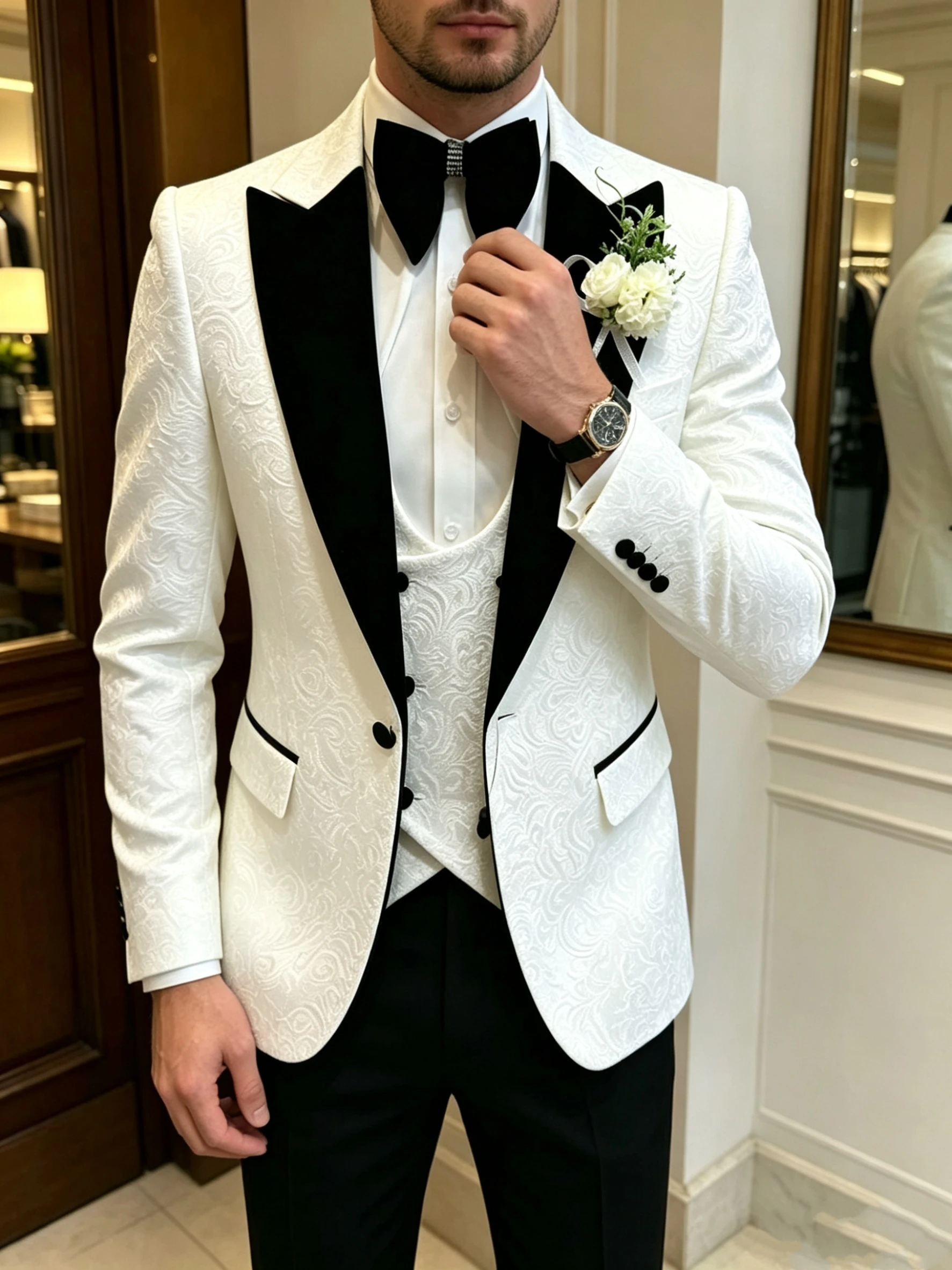 New White 3PCS Jacquard Men Wedding Suits Peak Lapel Blazer Vest Pants Set Slim Fit Business Suits Costume Homme For Party Prom