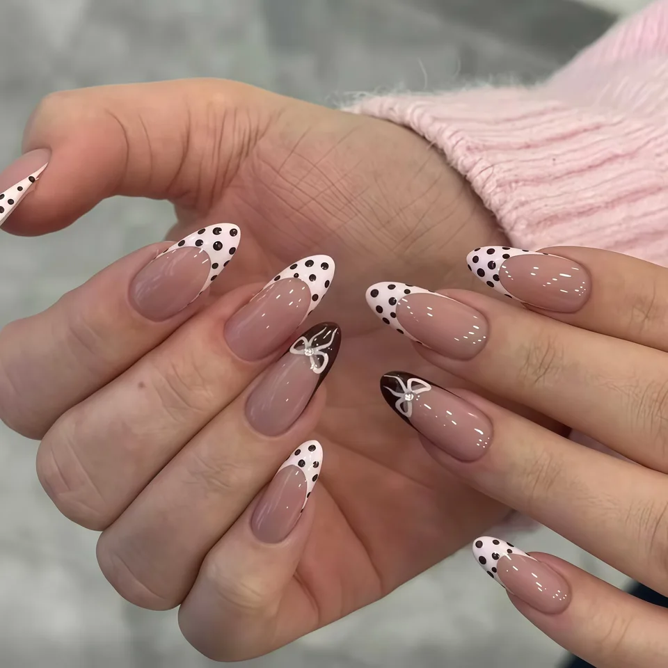 24 Uñas Postizas Francesas Blancas con Moño 3D, Cobertura Completa, Desmontables, para Mujeres y Chicas 6