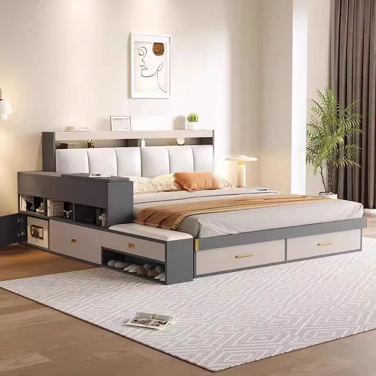 2025 Beliebtes Modernes MDF-Holz-Doppelbett im Queen-Size-Design, Kingsize-Schlafzimmermöbel mit Stauraum-Schubladen für den Heimgebrauch