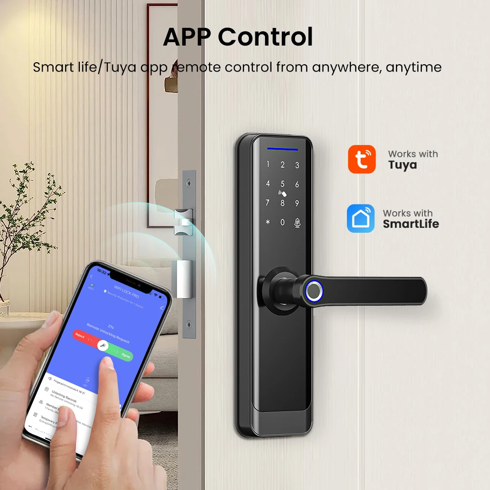 Cerradura de puerta inteligente MIUCDA Tuya WiFi con huella dactilar biométrica/tarjeta inteligente/contraseña/llave de desbloqueo Control remoto por aplicación Smart Life