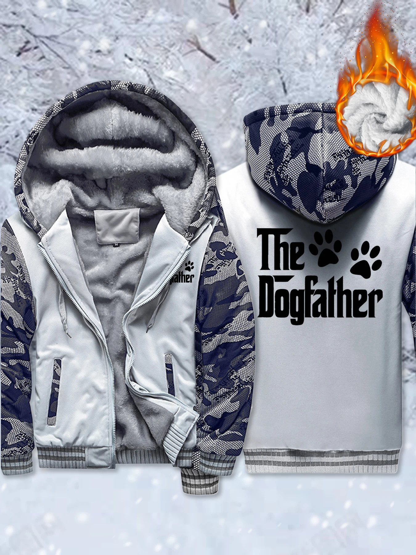 

Мужская утепленная куртка с принтом «Собака отец» и буквенным принтом лапы, повседневная мягкая уличная одежда, зимние свободные толстовки, флисовые пальто на молнии