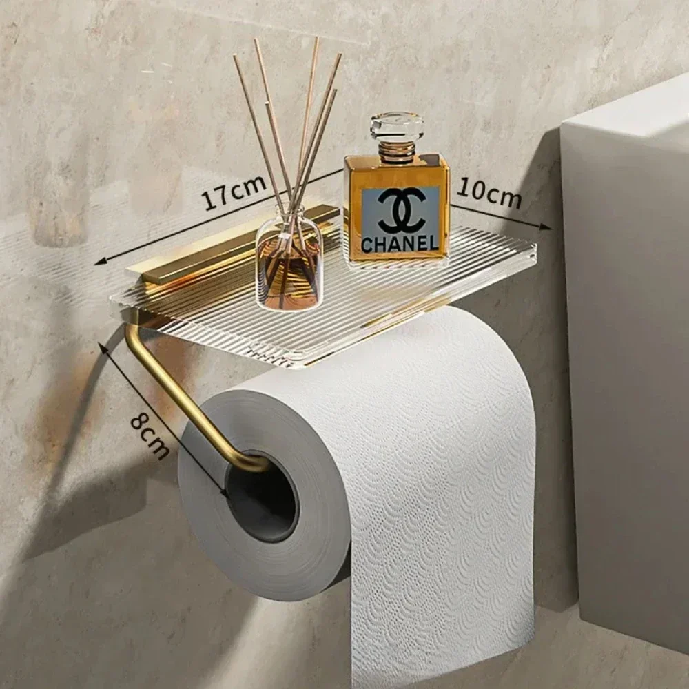 

New Luxury Gold/Sliver Toilet Paper Holder with Shelf No Punching Acrylic Roll Paper Holder Tissue Hanger Bathroom Accessories