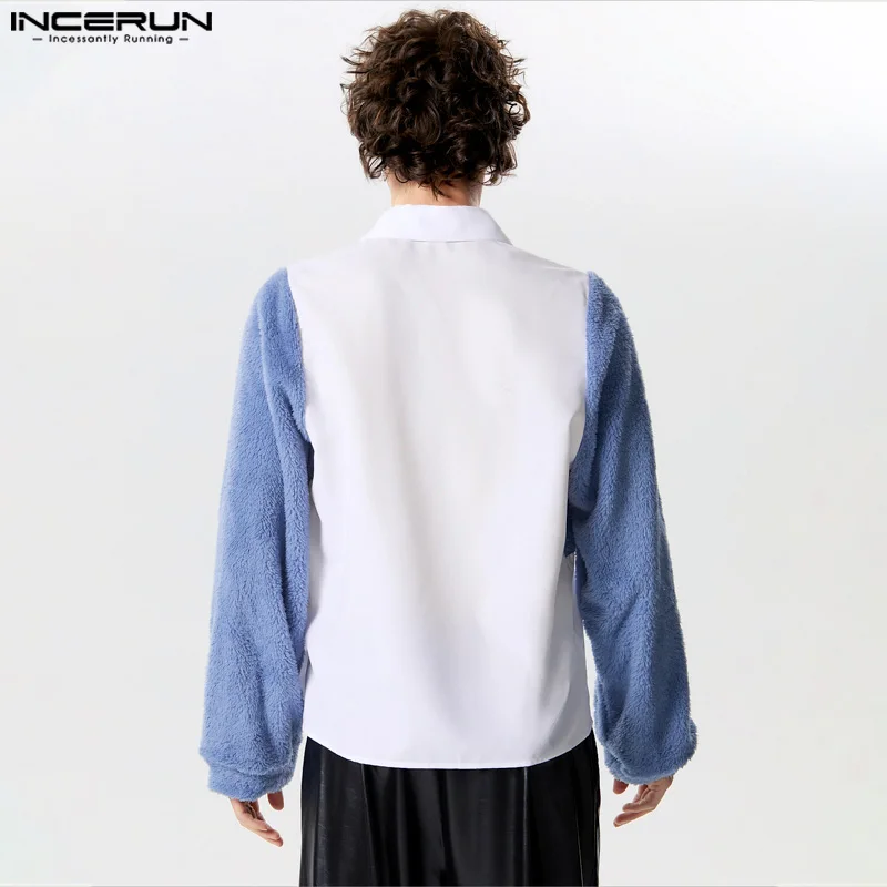 2024 Men Shirt Plush Patchwork Lapel Long Sleeve Button Casual Men Clothing Streetwear Fashion Leisure Camisas S-5XL INCERUN