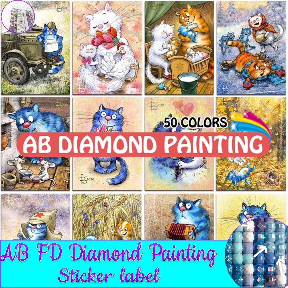 50Colors Diamond Painting AB Kit Animals Blue Cat Cartoon 5D DIY Embroidery New Collection Cross Stitch Mosaic Home Decor Art