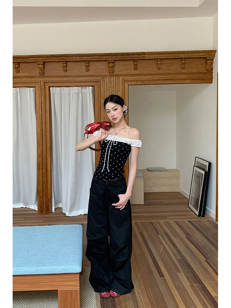 Bla Polka Dot ort Sve T-Shirt Damen Sommer New Sle Slim Fit Oulder Bared One Oulder Top Pendeln Sle Baumwolle B...