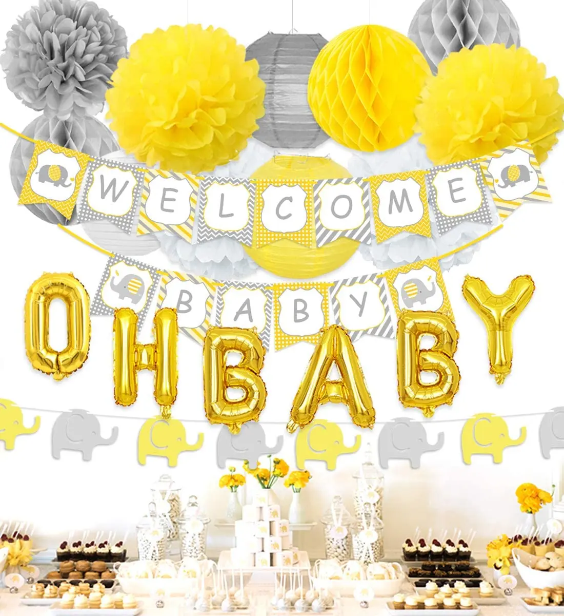 

Funmemoir Elephant Baby Shower Decorations with Yellow and Gray Welcome Baby Banner Elephant Garland Oh Baby Balloons