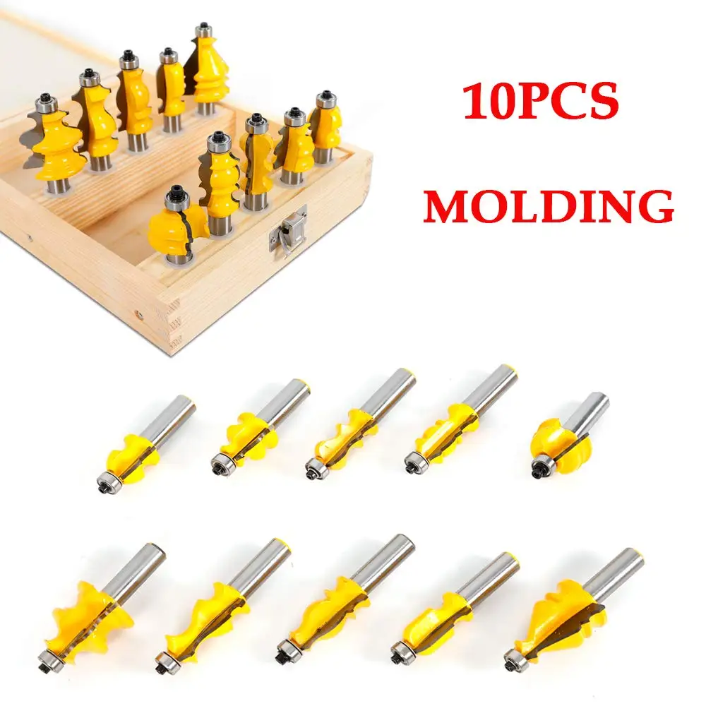 10Pcs 1/2 Inch Shank Architectural Specialty Molding Router Bit Kit Woodworking Milling Tool Set Carbide Coated