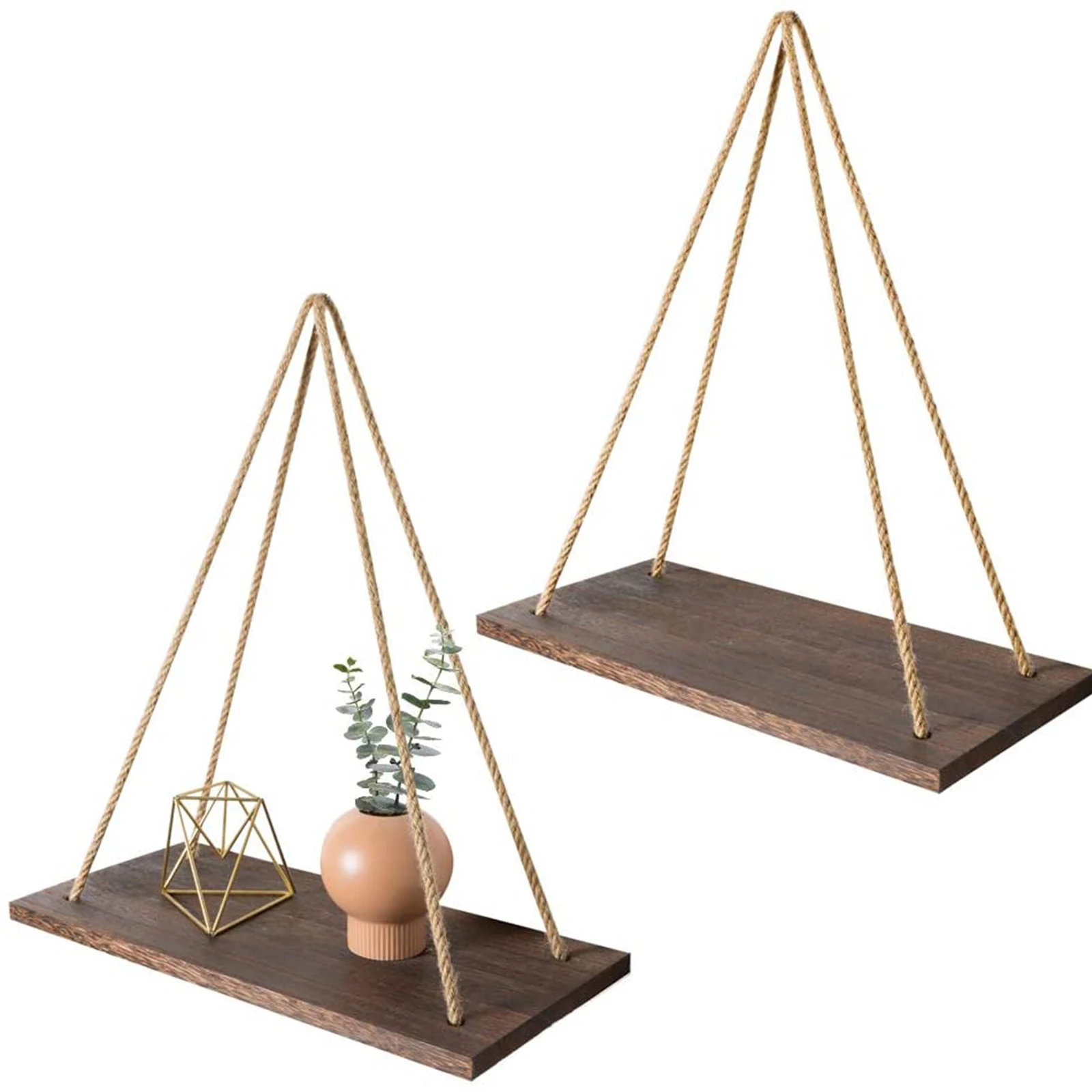 Wood Hanging Shelves for Wall Swing Rope Rustic Floating Shelf Set of 2 Wall Display Shelving Rack for Living Room Bedroom