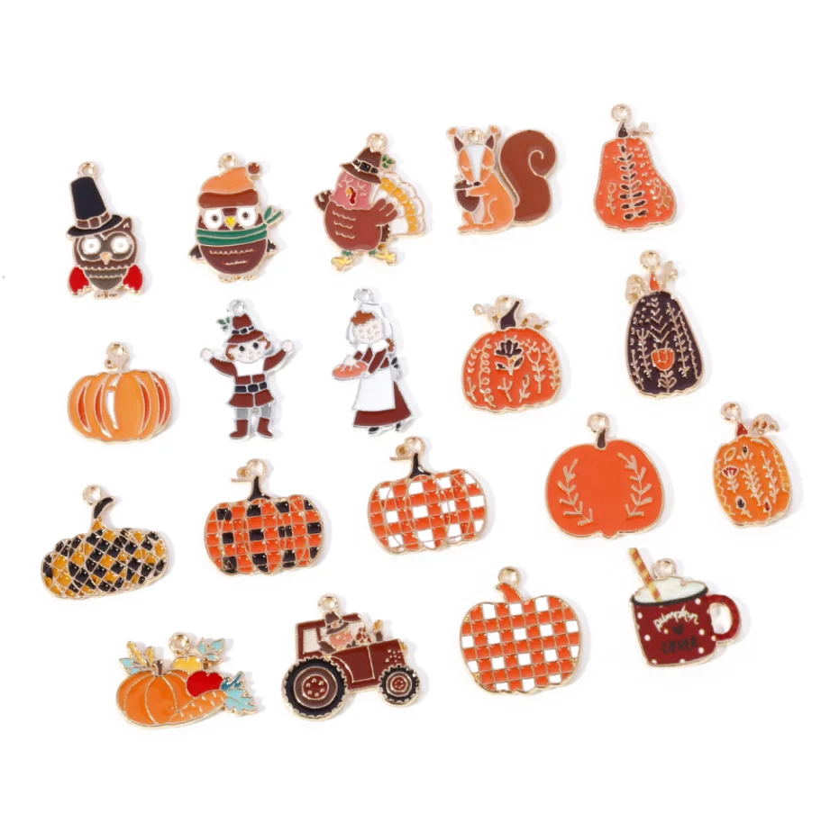 10Pcs/Lot Mixed Thanksgiving Enamel Charms Pumpkin Turkey Squirrel For DIY Necklace Earring Keychain Jewelry Making Pendants