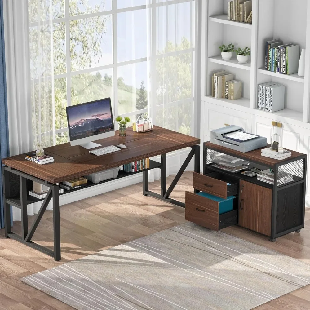 

L Shaped Desk with Drawer Cabinet,63" Executive Computer Desk and lateral File Cabinet, 2 Piece Home Office Furniture
