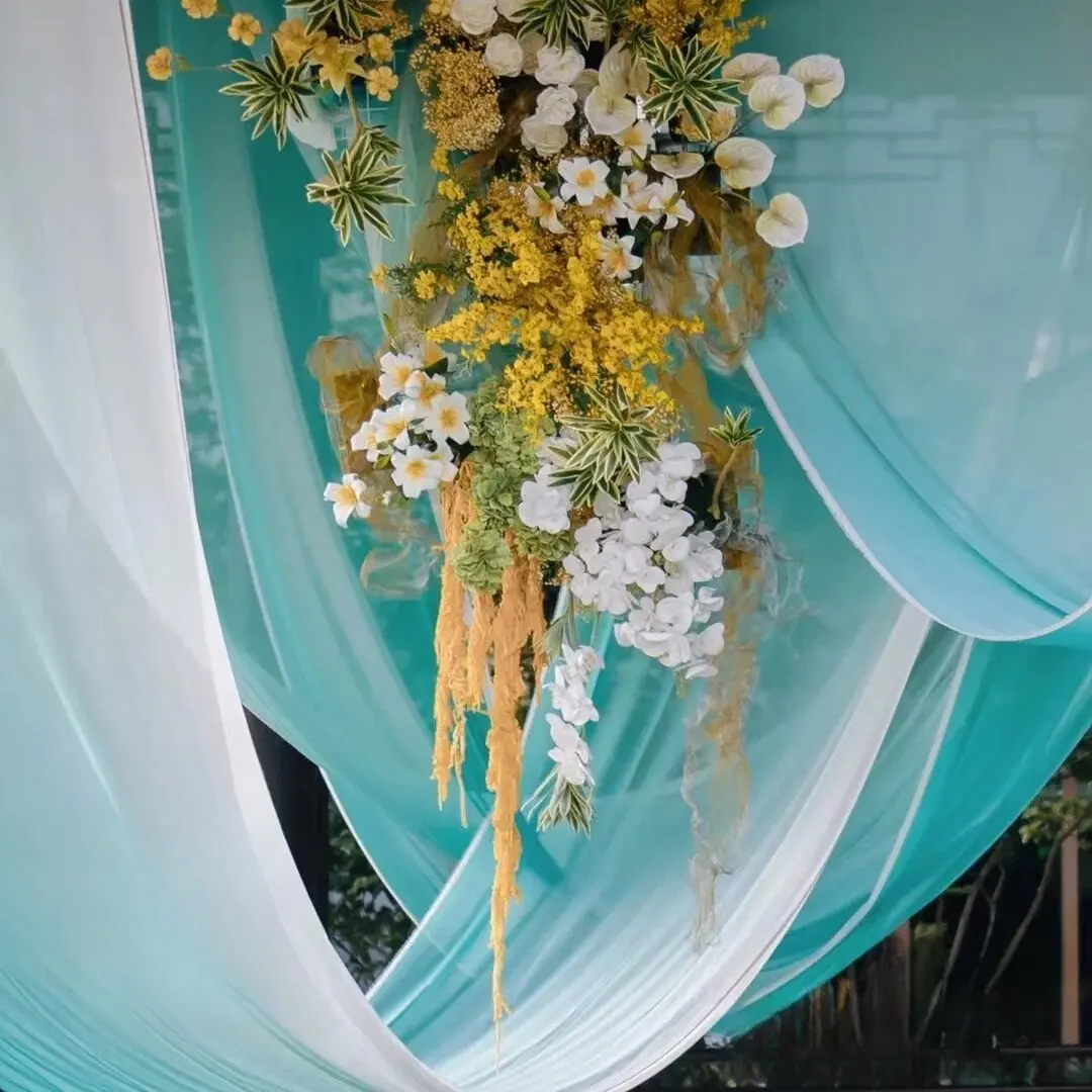 Blue and Green Gradually-Layer Draping Fabric for Wedding Decoration Hanging Ceiling Voile Micro Transparent Purdah Fabric