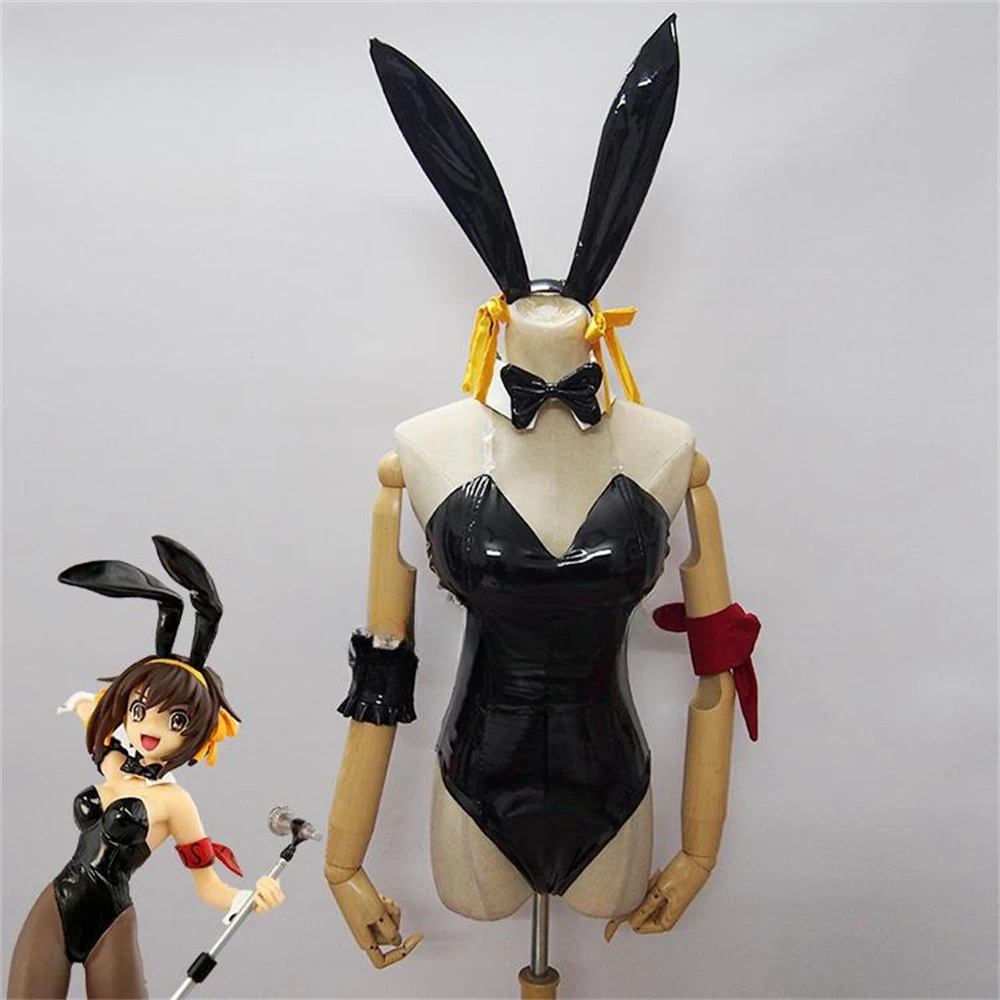 Customsized Suzumiya Haruhi Nagato Yuki Bunny Girl Cosplay Costume Black Leather Jumpsuits Clothes Sexy Cosplay