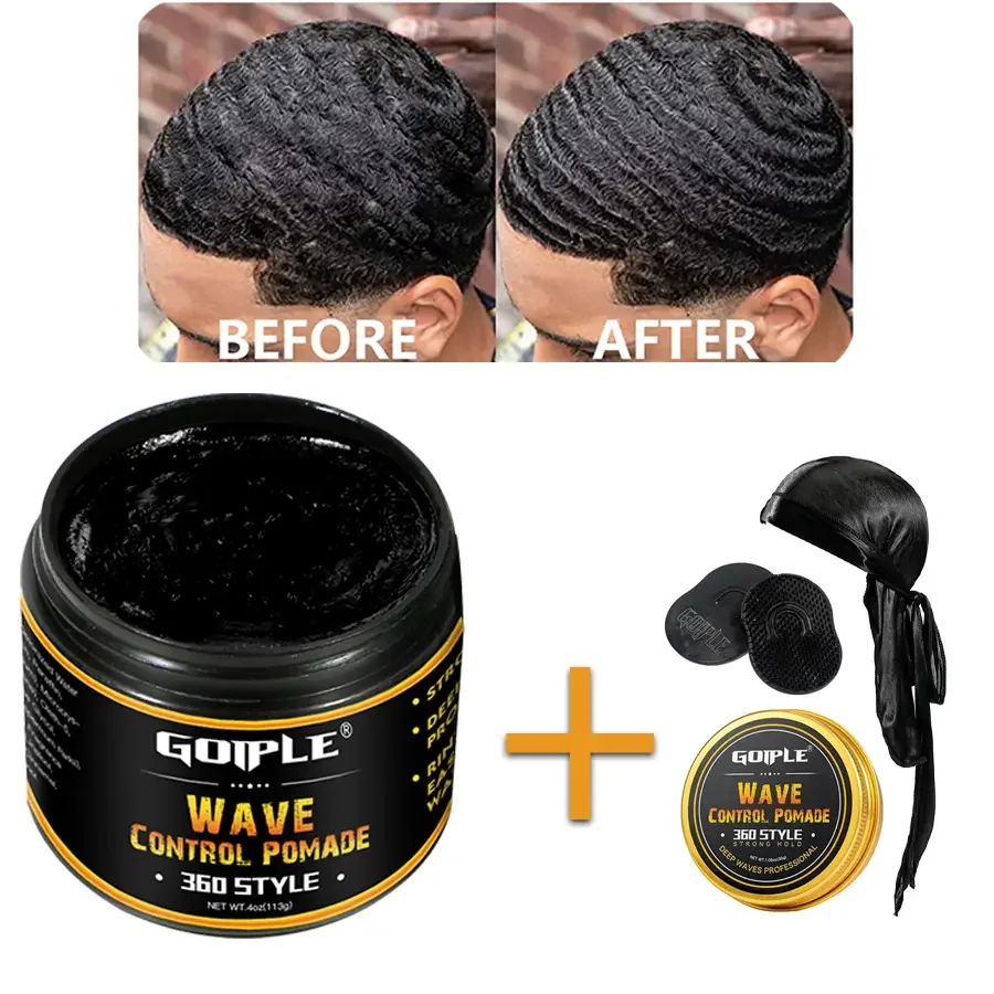 Deep Wave Pomade for Black Men Wave Kit Sport Strong Hold 360 Style Waves Layered Cream Frizz Control Gel Styling Wax with Brush