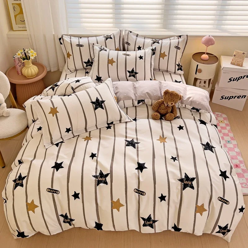 Black Striped Duvet Cover Stars Printed Soft Pure Cotton Bedding for All Season Elegant Classic Stripe Pattern Comforter Covers