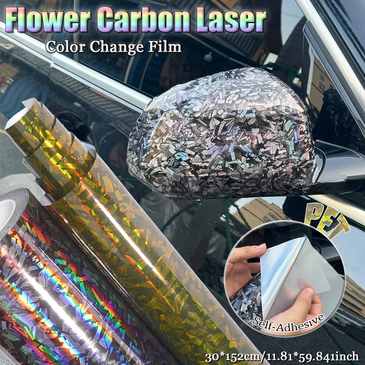 

PET Car Wrap Rainbow Flower Carbon Laser Black Gold Color Changing Film Body Exterior Decals For Car Motorcycle Modification