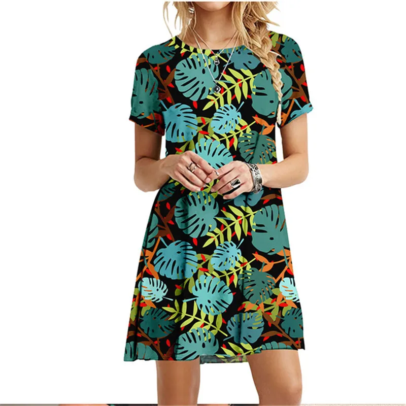 3D Green Leaves Floral Printed Mini Dress For Women 2022 Summer Loose Oversized Casual Short Sleeve O-Neck A-Line Dress Sundress