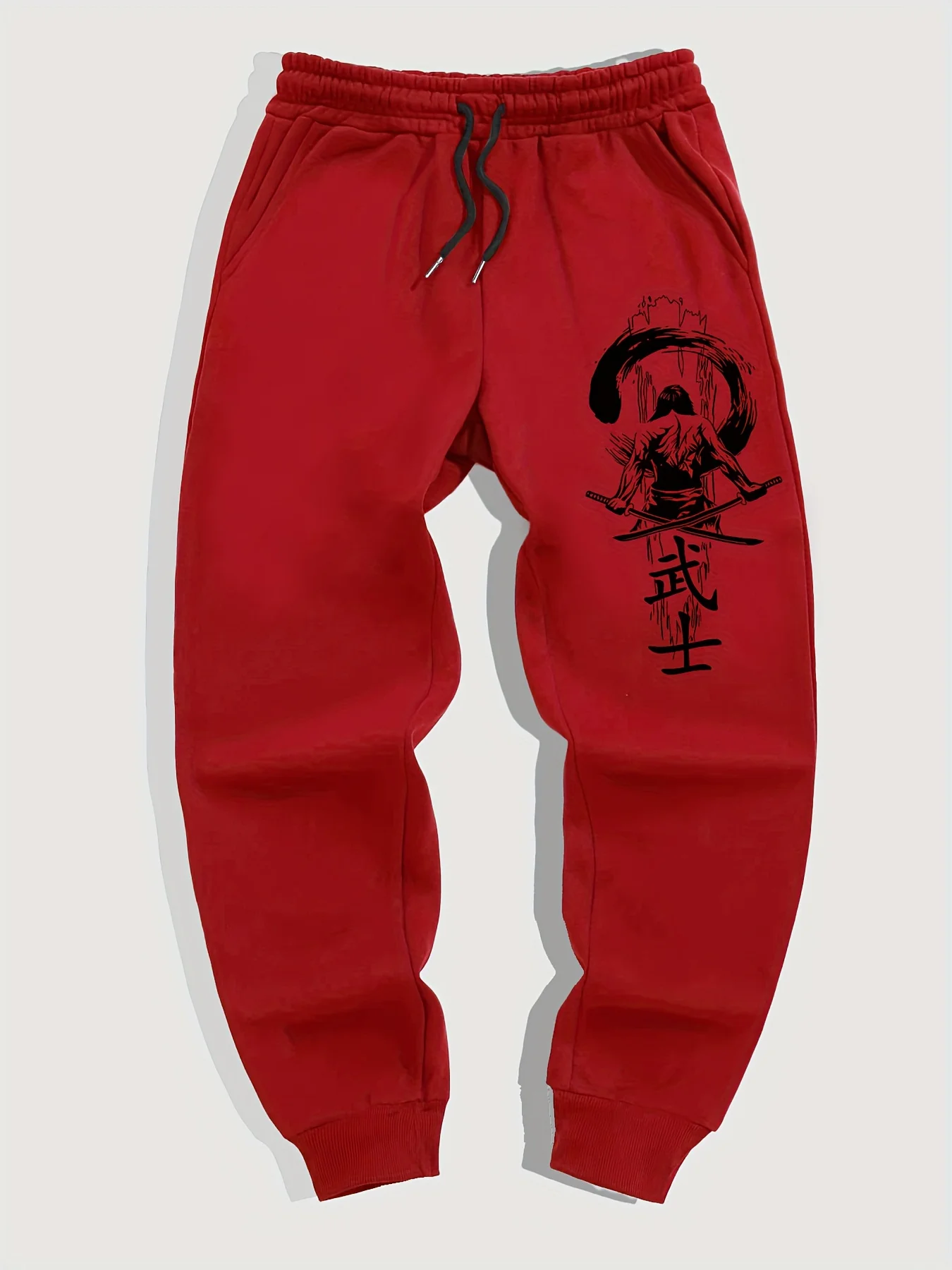 Japanese samurai back view dual swords ink circle print sweatpants men hip hop sports joggers street cuffed trousers